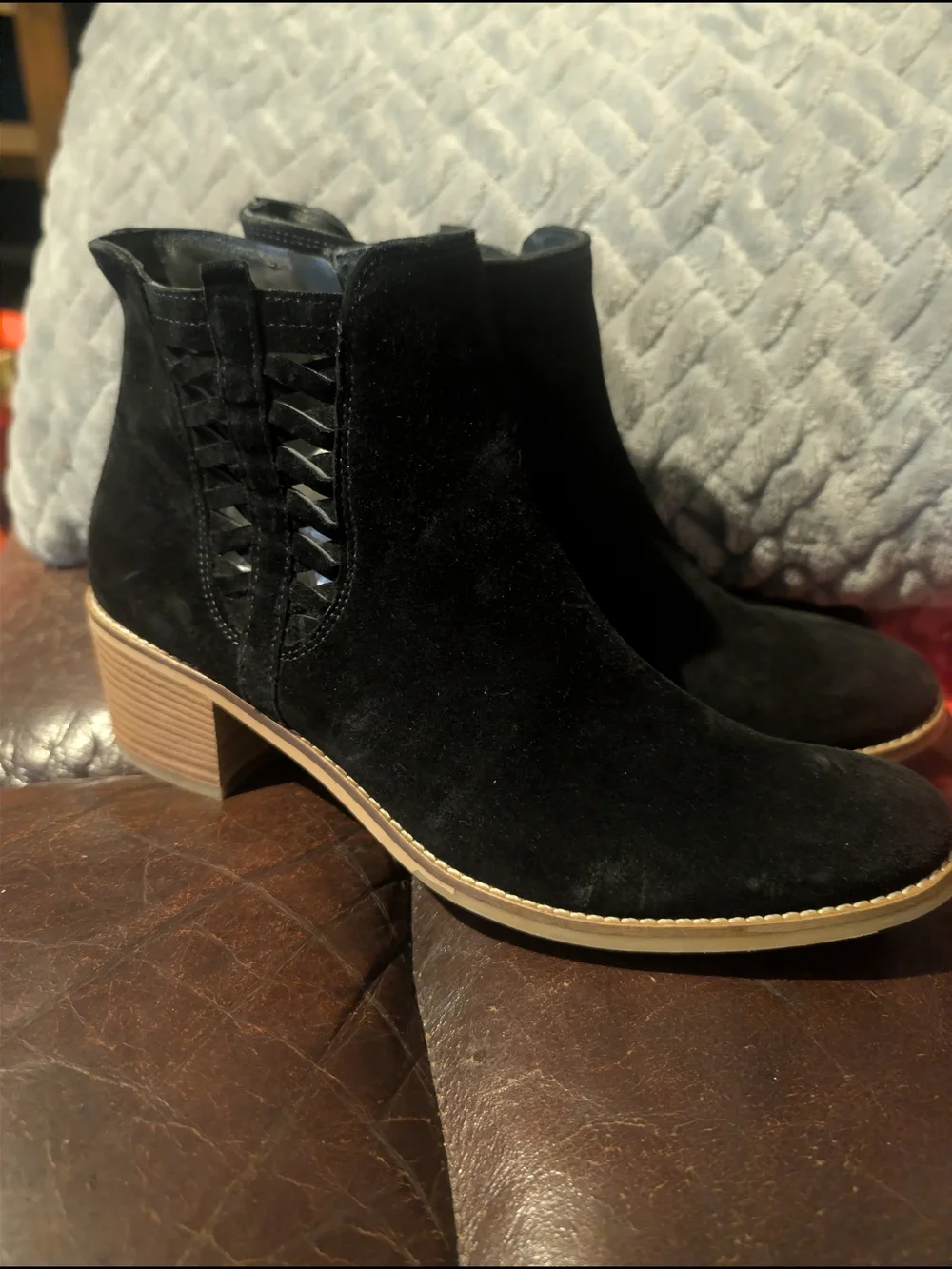 Paul Green Bueno Black Suede Cutout Ankle Boot with Stacked Heel